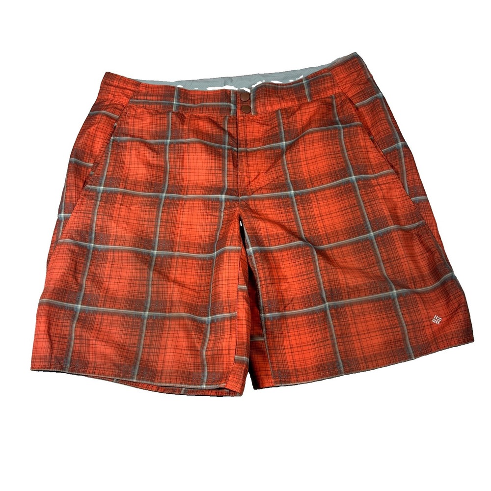 Columbia Waterton Board Shorts Mens 38x11 Orange Plaid Omni Shade UPF 30